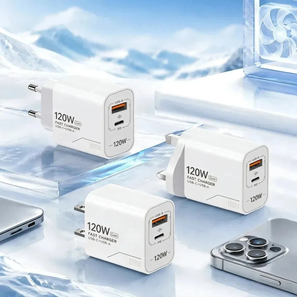 120W GaN 2-Port USB-C PD Fast Wall Charger – US & EU Plug GaN Wall Charger Nixie