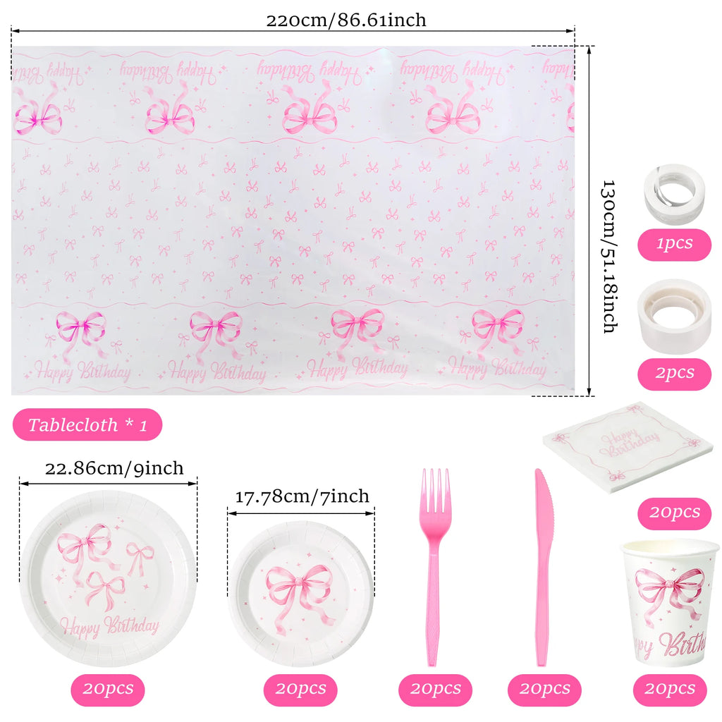 Pink Bow Party Decoration Set – Tableware & Balloons for 20 Party Decoration Set Nixie