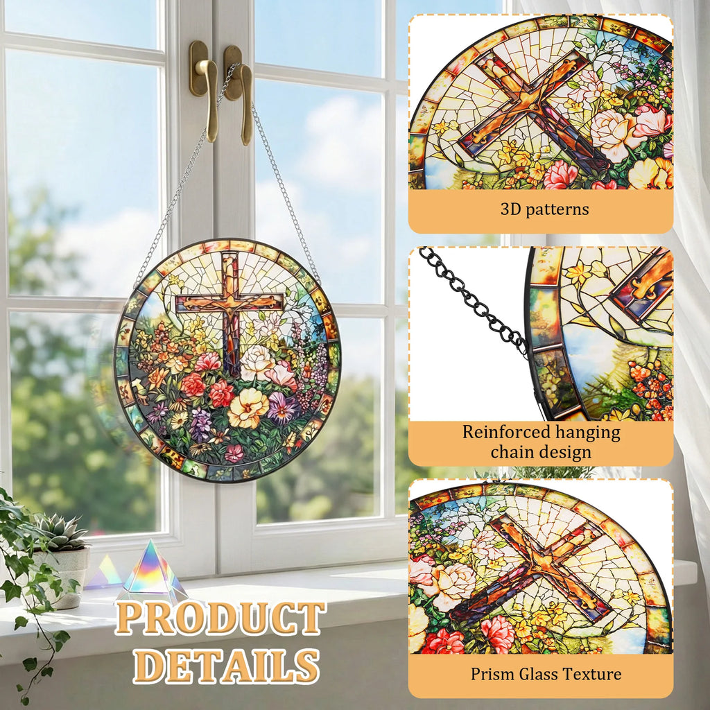 Stained Glass Cross Suncatcher 9.84" – Window Hanging Decor Glass Window Suncatcher Nixie