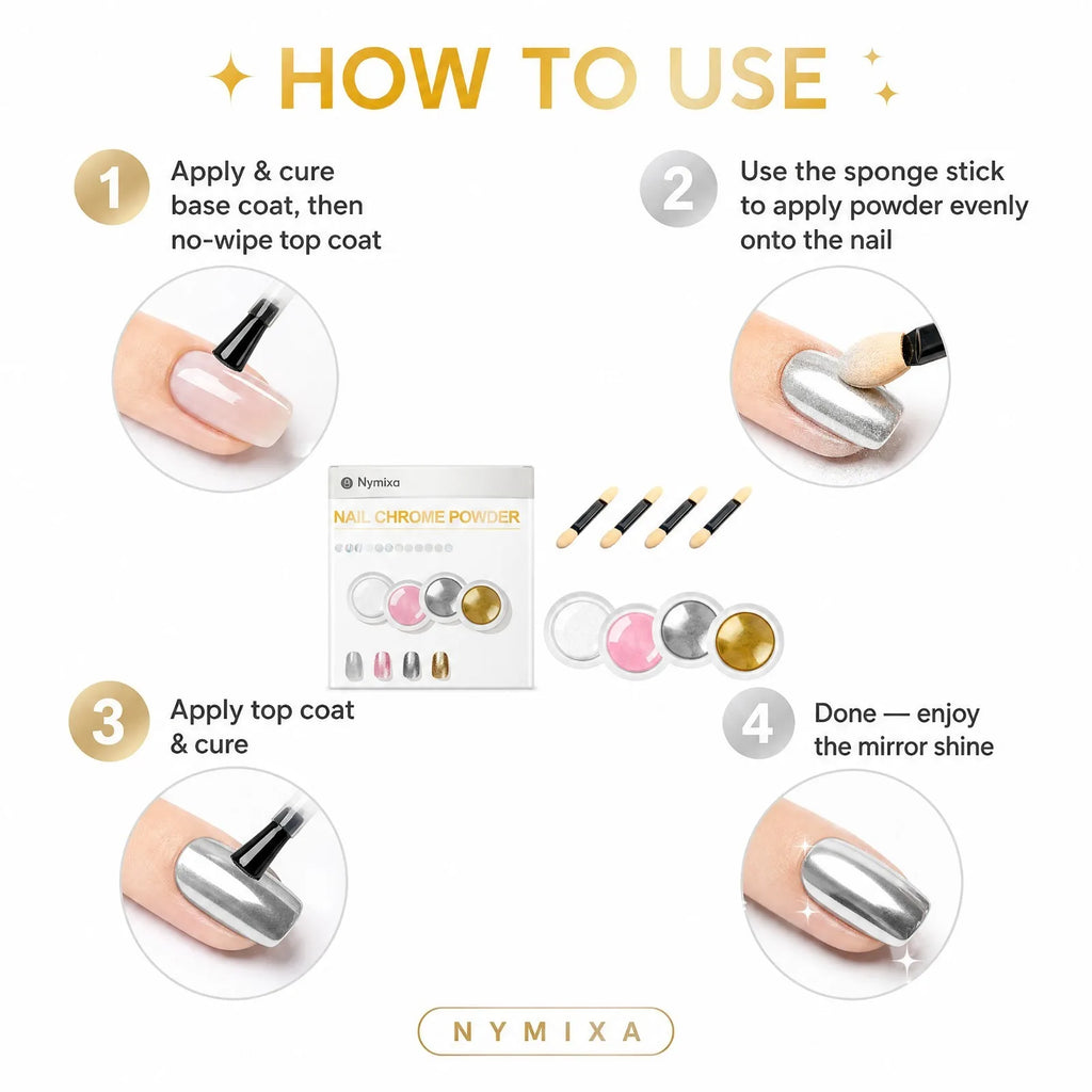 4-Color Mirror Chrome Nail Powder Set with Brushes | DIY Manicure Chrome Nail Powder Set Nixie