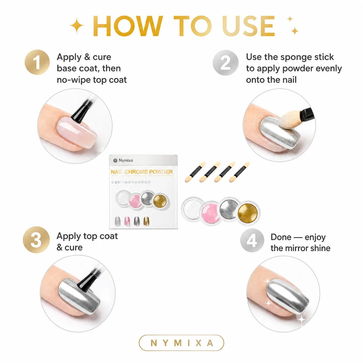 4-Color Mirror Chrome Nail Powder Set with Brushes | DIY Manicure Chrome Nail Powder Set Nixie