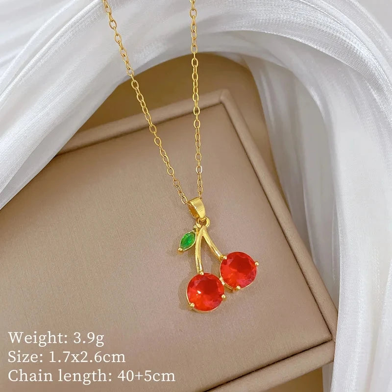 Cherry Pendant Necklace | Gold Stainless Steel Clavicle Chain Pendant Necklace Nixie XL2606-289