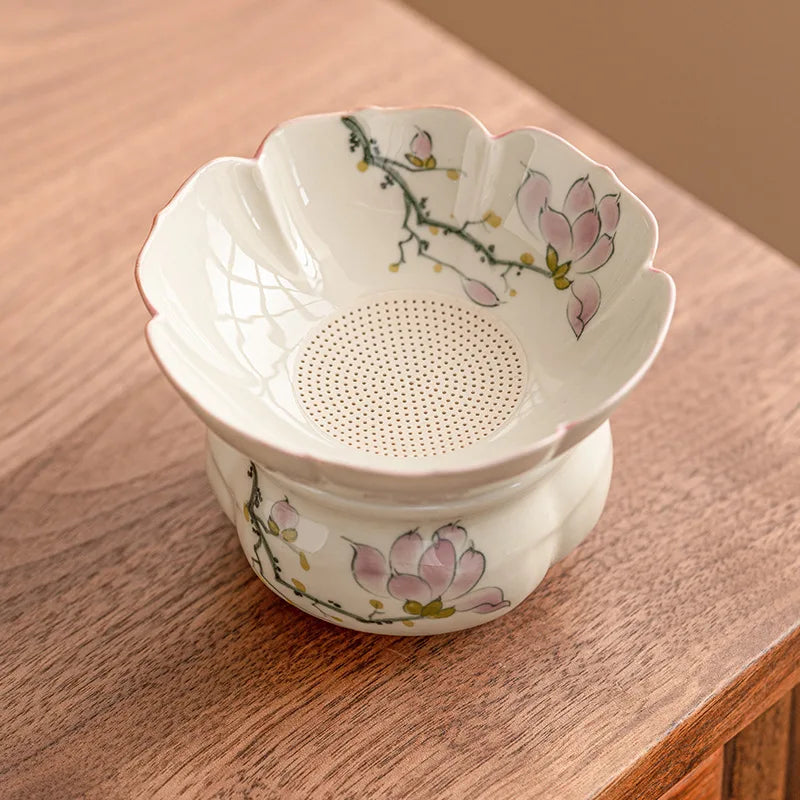 Hand-Drawn Ceramic Magnolia Tea Filter | Kung Fu Tea Set