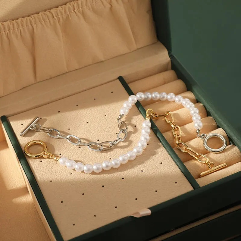 2pcs Vintage Pearl Metal Bead Strand Bracelets – Unisex Set Strand Bracelet Set Nixie
