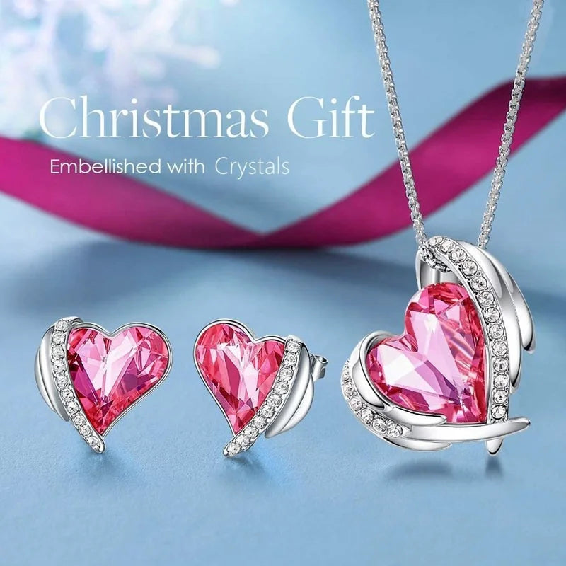 Silver Heart Crystal Necklace & Earrings Set for Women Jewelry Set Nixie