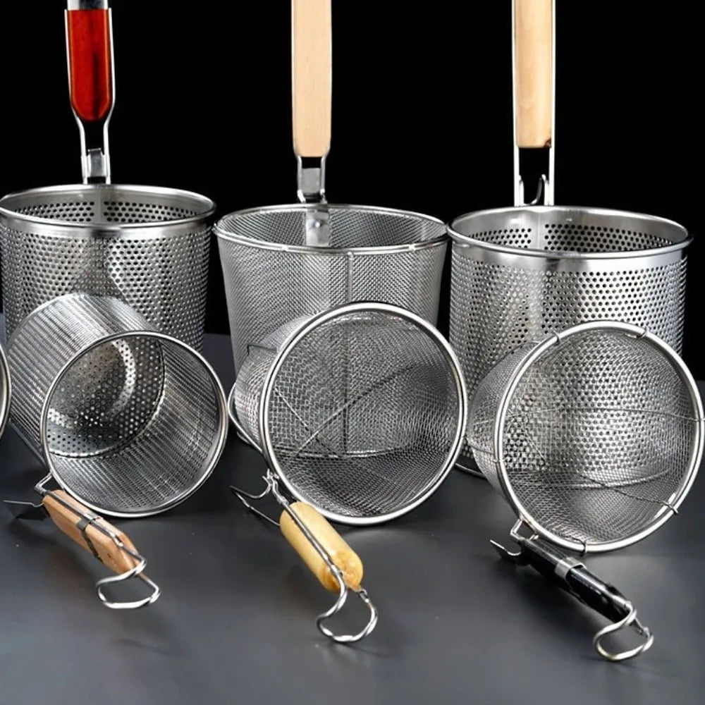 Stainless Steel Pasta Basket Strainer – Wooden Handle Kitchen Strainer Nixie