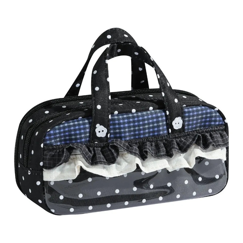 Kawaii Ruffle Lace Polka Dot Pencil Case | Clear Window Pouch Pencil Case Nixie