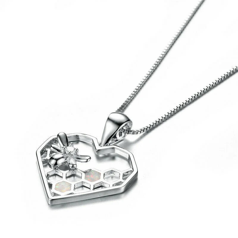 Simulated Opal Heart & Bee Pendant Necklace | Nixie Fashion Pendant Necklace Nixie