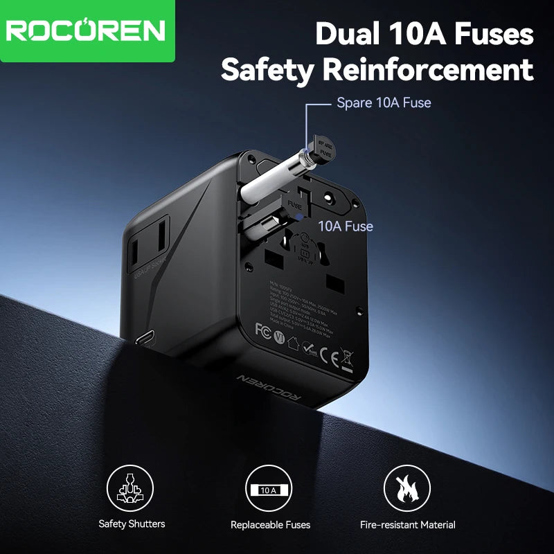 Rocoren Universal Travel Adapter GaN Fast Charging USB-C USB-A Travel Adapter Charger Nixie