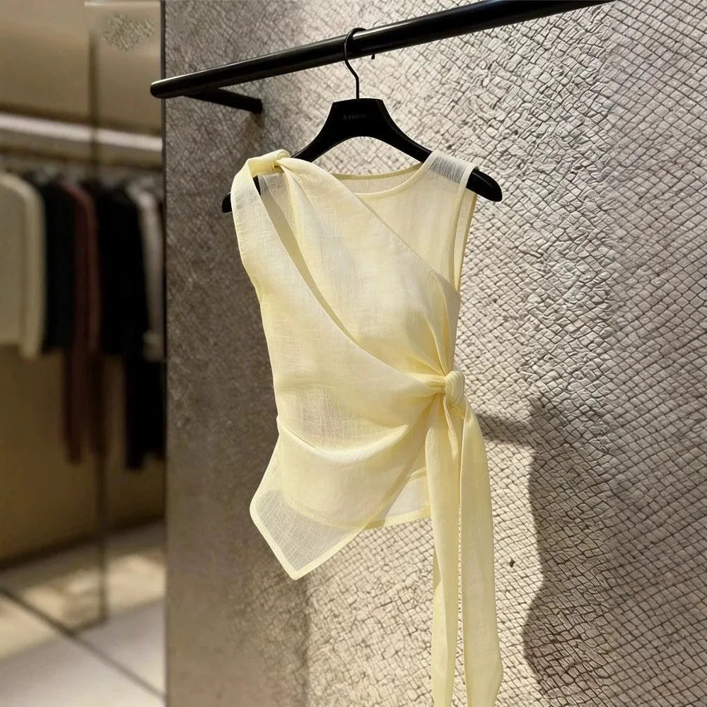 Women's Sleeveless Tulle Tie-Front Top | Elegant Chinese Style