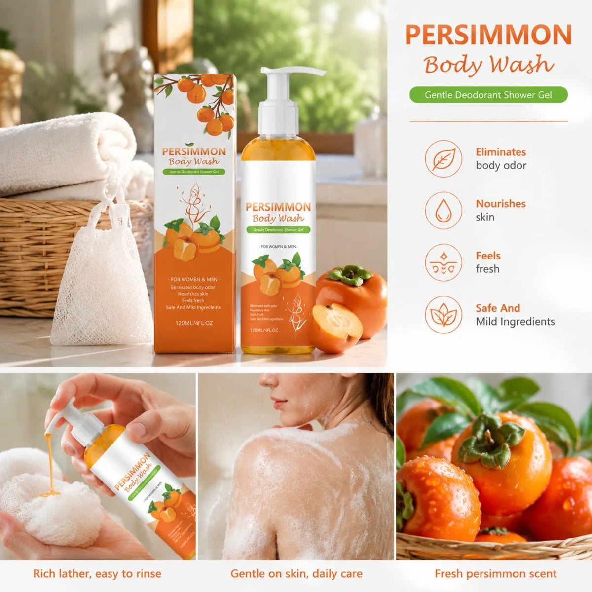 OceAura Persimmon Shower Gel & Foam Net – Unisex Body Wash Body Wash Set Nixie