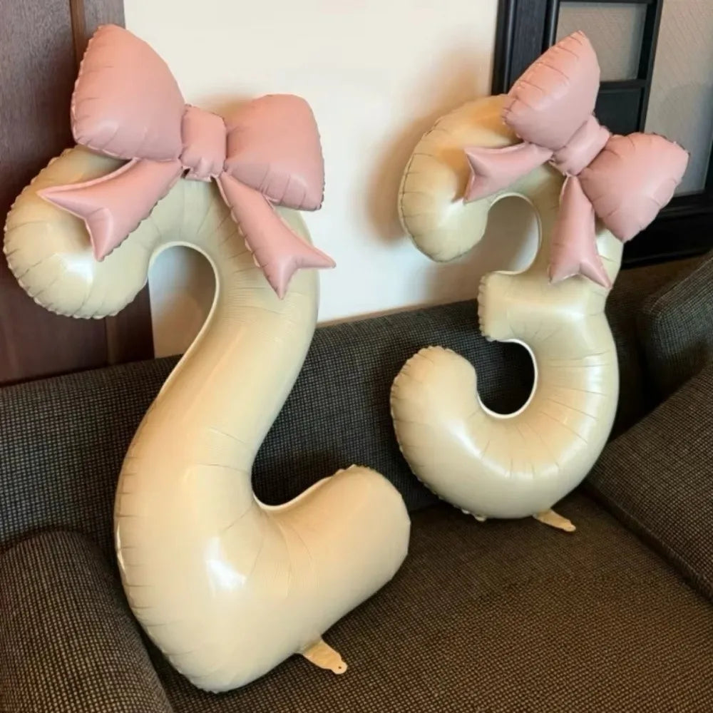 40" Cream White Number Foil Balloon with Pink Bow | Party Decor