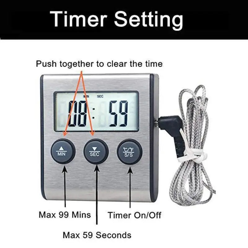 Digital Meat Thermometer with Probe, Timer & Alarm | BBQ & Oven Kitchen Thermometer Nixie