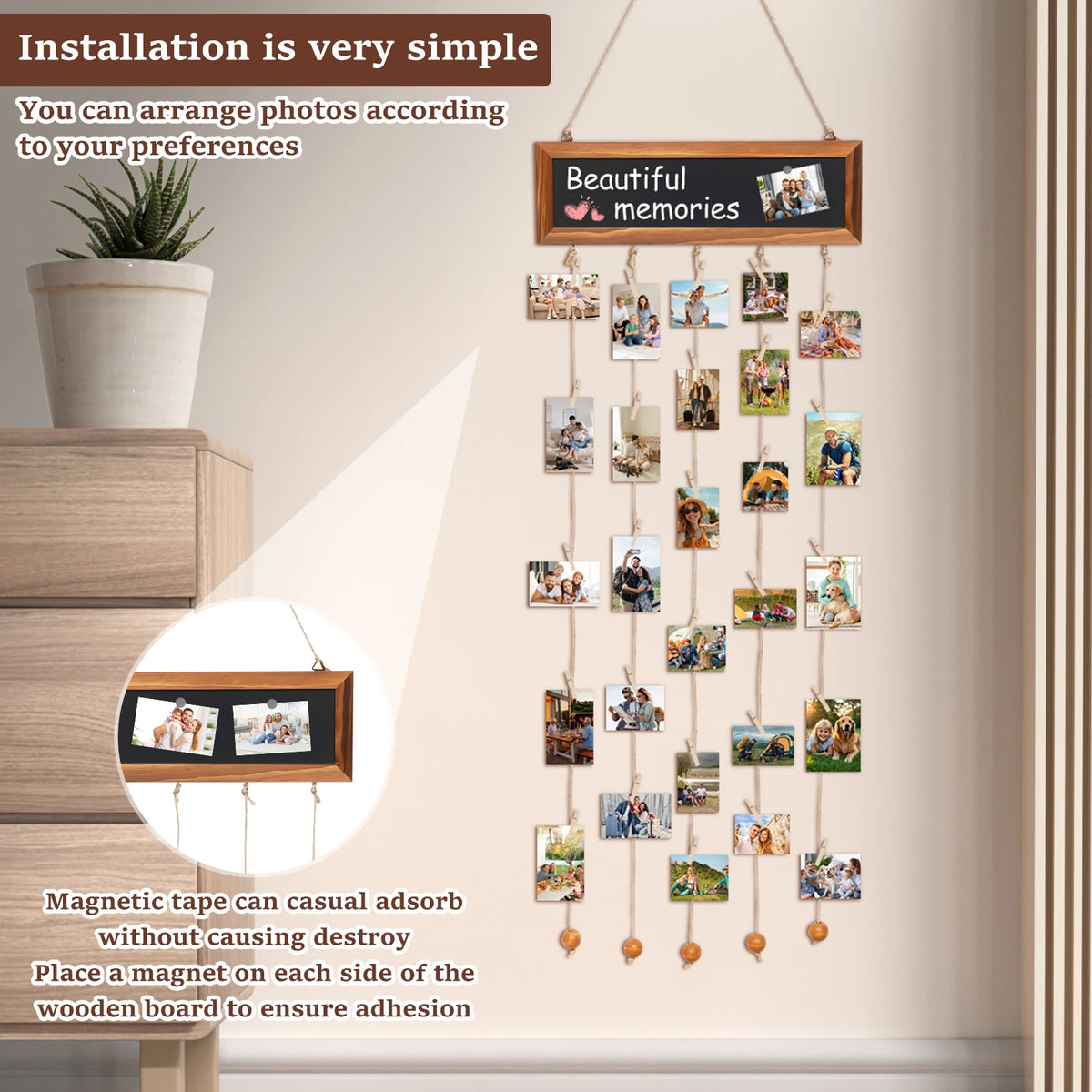 Rustic Wood Photo Display Board Collage Wall Decor with Clips