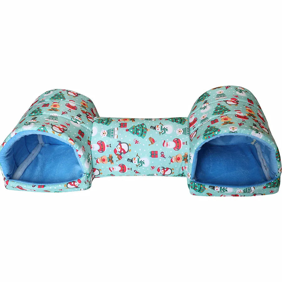 Soft Fleece Hamster Tunnel Bed & Cave House for Small Pets Small Pet Tunnel Bed Nixie Blue snowman
