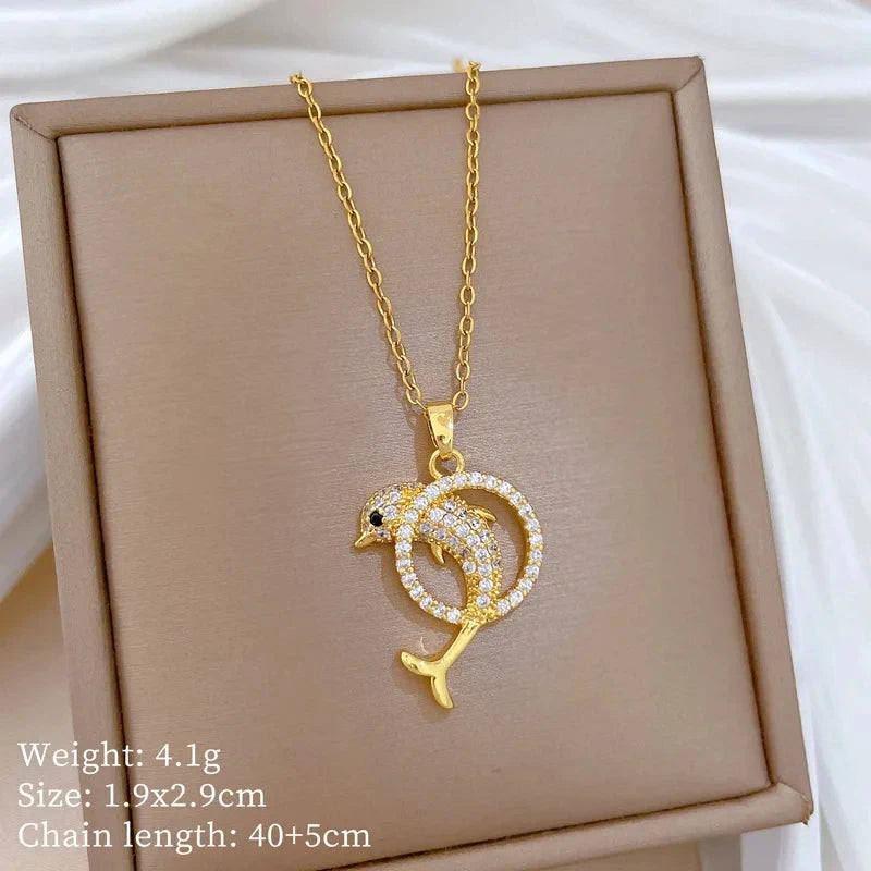 Dolphin Hoop Pendant Necklace Gold Stainless Steel Clavicle Chain Pendant Necklace Nixie XL2606-911