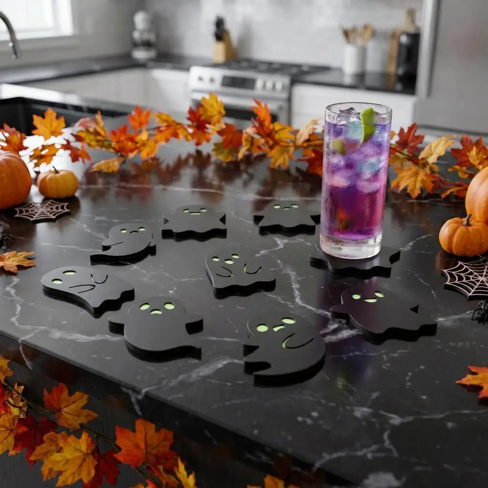 Halloween Glow-in-the-Dark Wooden Coasters – Anti-Slip Drink Mats
