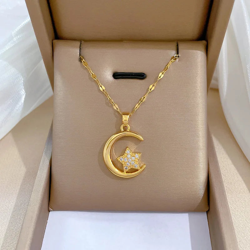 Star Moon Pendant Necklace | Gold Stainless Steel Choker Pendant Necklace Nixie