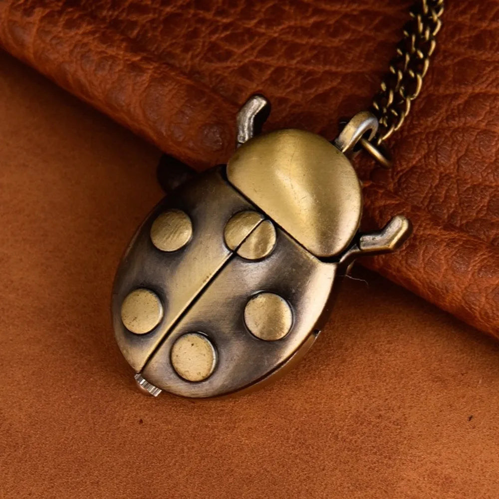 Cute Ladybug Pocket Watch with Chain – Quartz Beetle Design Pocket Watch Nixie Brown