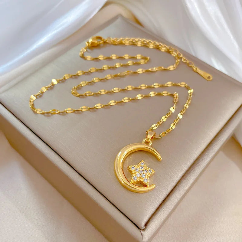 Star Moon Pendant Necklace | Gold Stainless Steel Choker Pendant Necklace Nixie