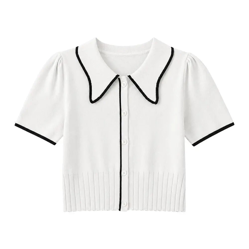 Women's Knitted Crop Top Lapel Collar Slim Fit Summer T-Shirt Knitted Crop Top Nixie