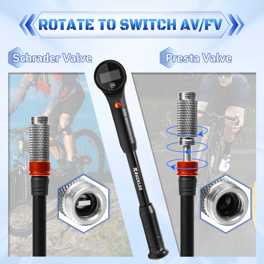 BUCKLOS 320PSI Portable Bike Pump – AV/FV MTB & Road Bicycle Hand Pump Nixie