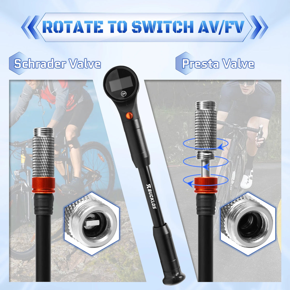 BUCKLOS 320PSI Portable Bike Pump – AV/FV MTB & Road Bicycle Hand Pump Nixie