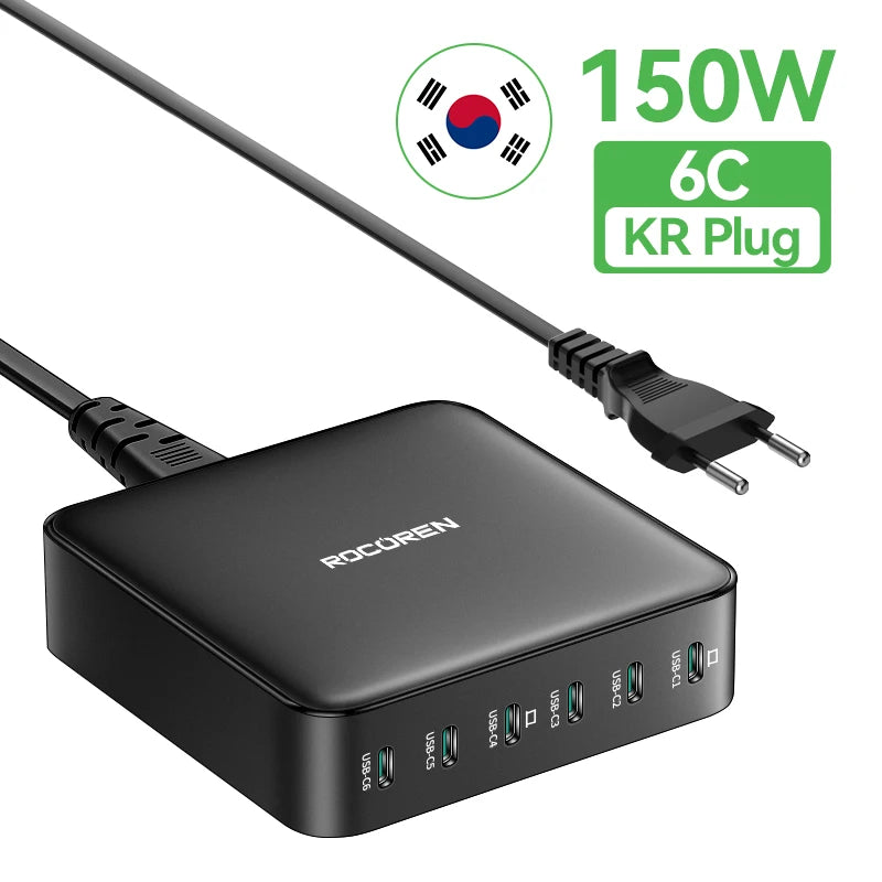 Rocoren 150W 6-Port USB-C Desktop Fast Charging Station Multi-Port USB-C Charger Nixie KR Plug Black