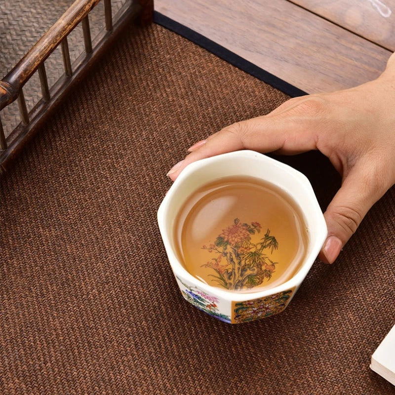 Octagonal Enamel Kung Fu Tea Cup | Retro Ceramic Master Cup Ceramic Tea Cup Nixie