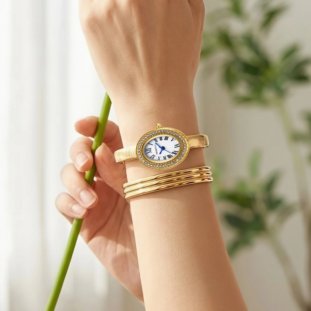 Women's Gold Watch & Bracelet Set – Quartz Roman Numeral Watch & Bracelet Set Nixie