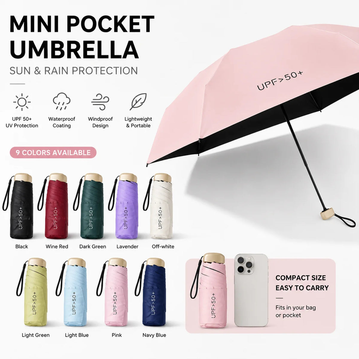 Nixie UPF50 Mini 5-Fold Portable Umbrella – Sun & Rain Parasol Portable Folding Umbrella Nixie