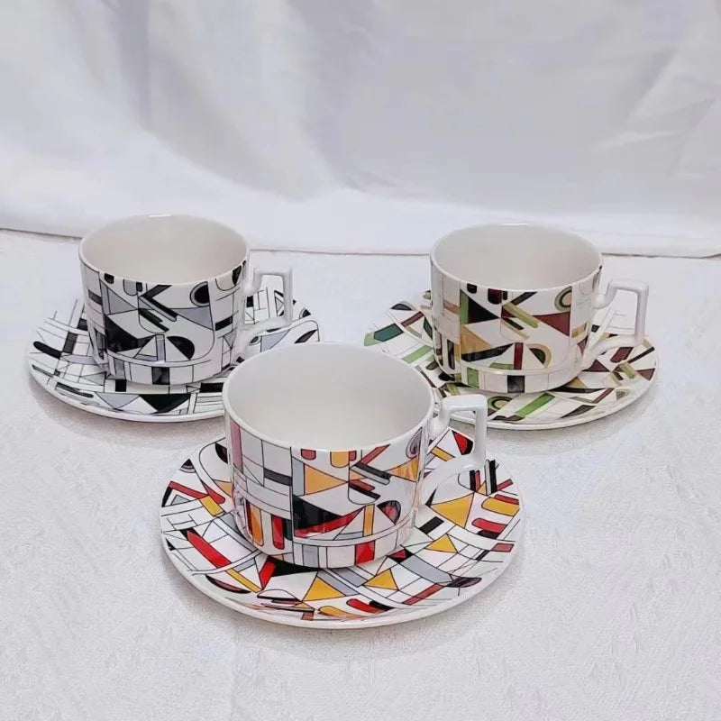 Geometric Ceramic Coffee Cup & Saucer Set | Platinum Scandinavian Coffee Cup Set Nixie