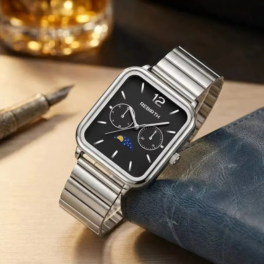REBIRTH Men's Square Moon Phase Quartz Watch – Dual Dial