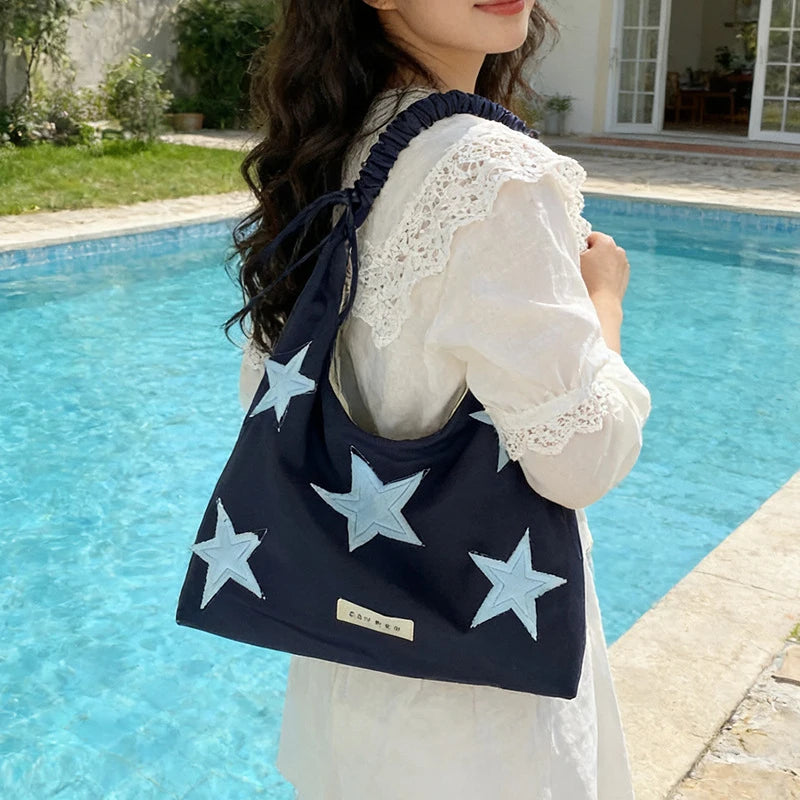 Korean Star Embroidered Canvas Tote Shoulder & Crossbody Bag Canvas Tote Bag Nixie