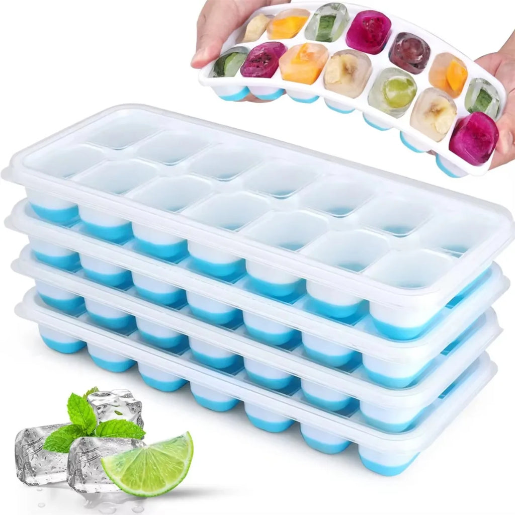 Stackable Silicone Ice Cube Trays 14-Grid with Lid – 4-Piece Set