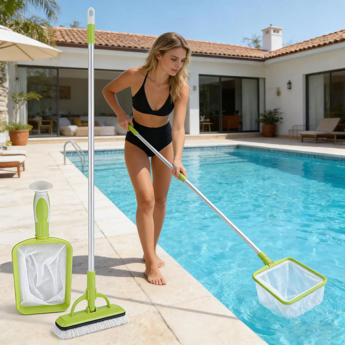 Green Portable Pool Skimmer Net with Detachable Handle