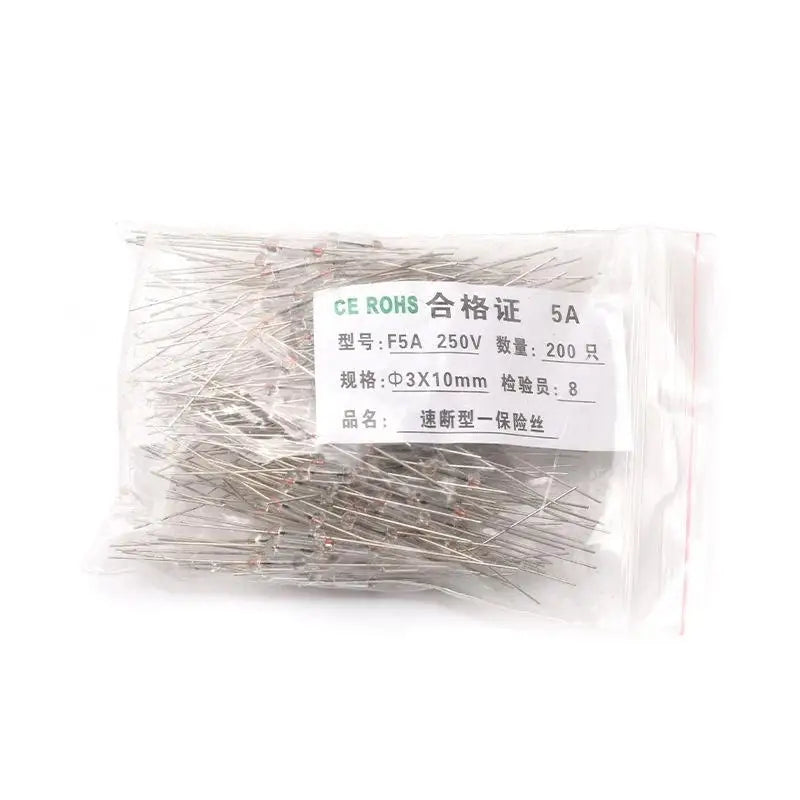 200PCS 3x10mm Axial Fast Glass Fuses 0.5A 1A 2A 3A 5A with Lead Wire Glass Fuse Assortment Nixie