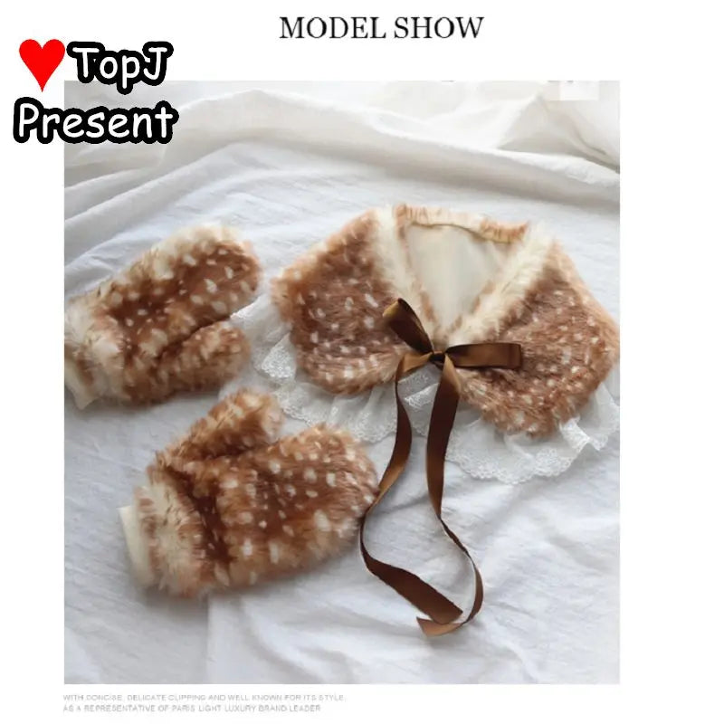 Women's Lolita Deer Antler Plush Glove Shawl Cosplay Set