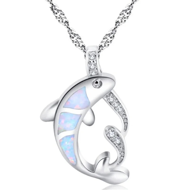 Silver Simulated Opal Fish Pendant Necklace | Unisex Gift Pendant Necklace Nixie Silver
