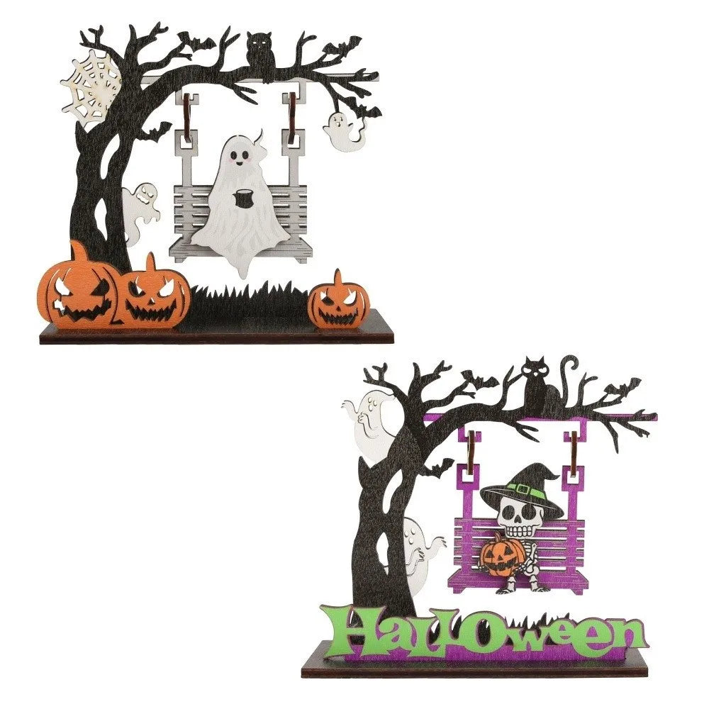 Wooden Halloween Pumpkin Spirit Swing Desktop Ornament Halloween Desk Ornament Nixie