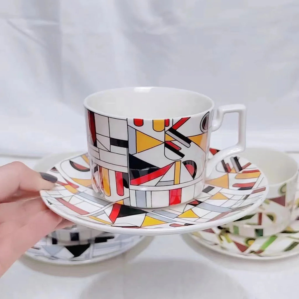 Geometric Ceramic Coffee Cup & Saucer Set | Platinum Scandinavian Coffee Cup Set Nixie F