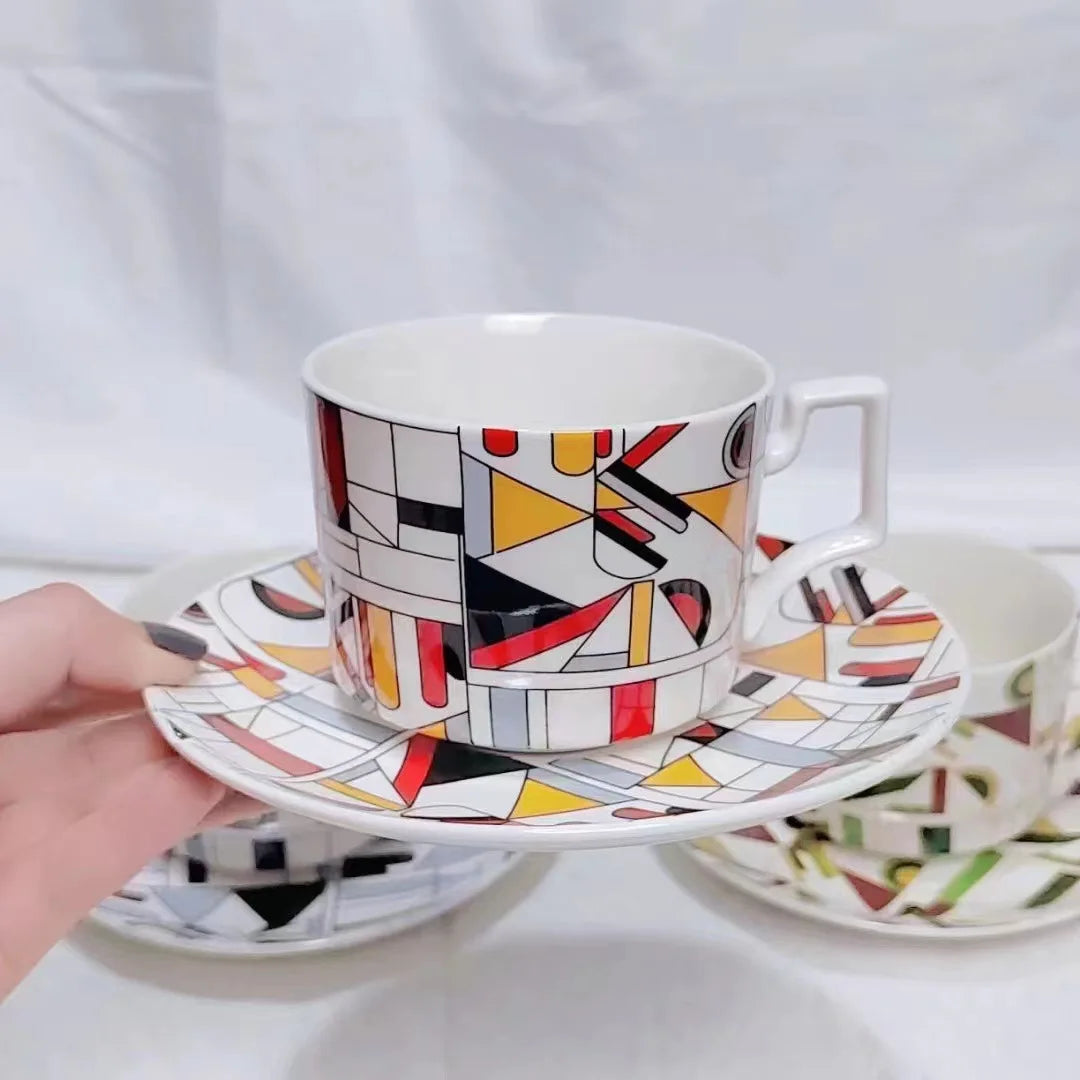 Geometric Ceramic Coffee Cup & Saucer Set | Platinum Scandinavian Coffee Cup Set Nixie F
