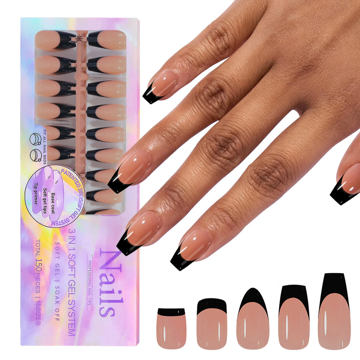 150Pcs French Press On Nails – Coffin & Almond Reusable Tips Press-On Nail Tips Nixie