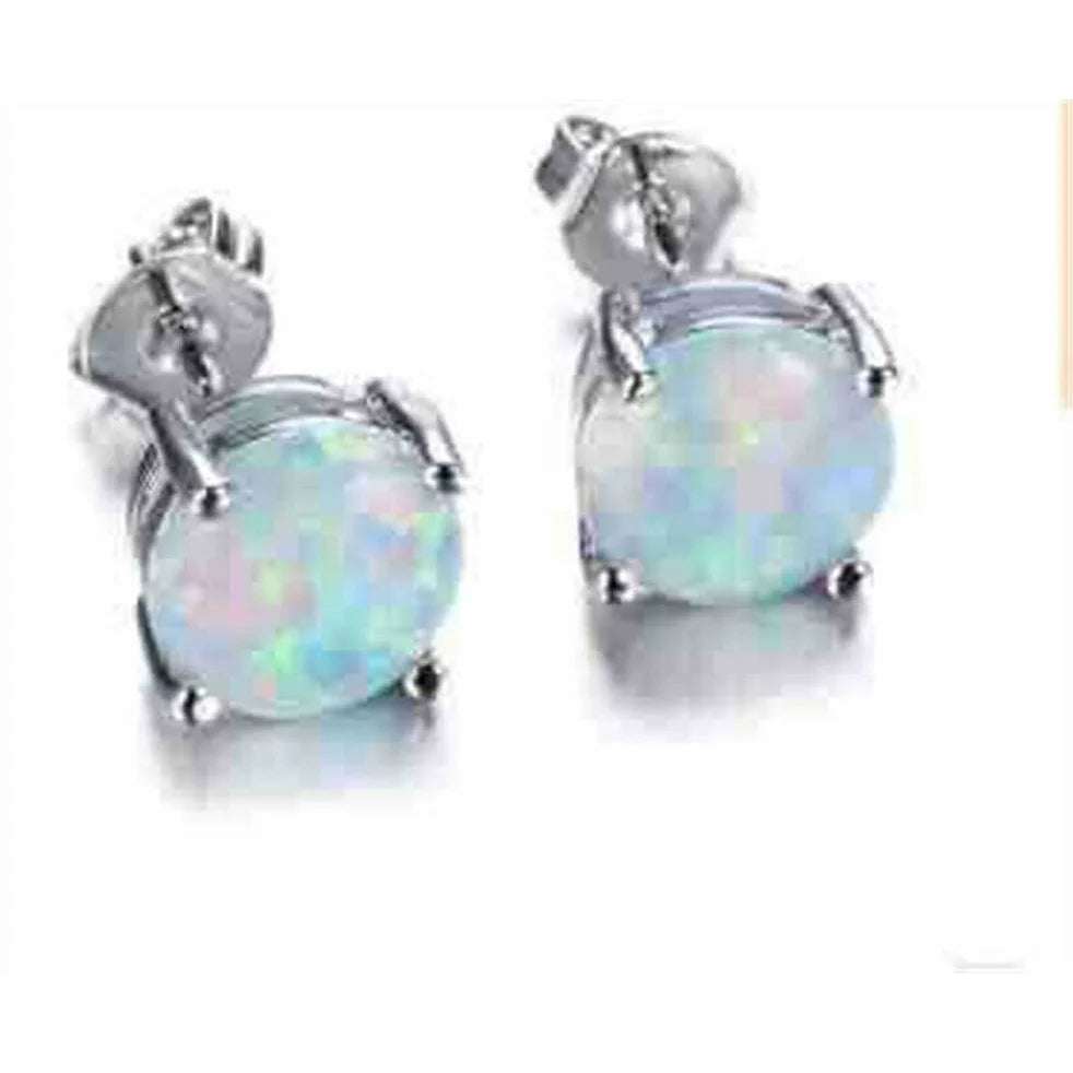 Silver Round Simulated Opal Stud Earrings | Gift for Girls