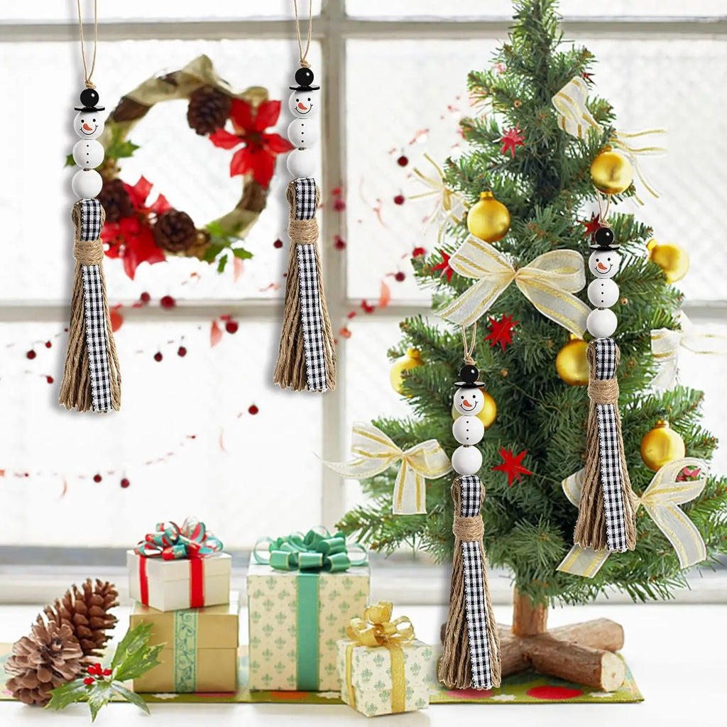 Farmhouse Snowman Wooden Bead Garland Plaid Tassel Christmas Décor Christmas Bead Garland Nixie