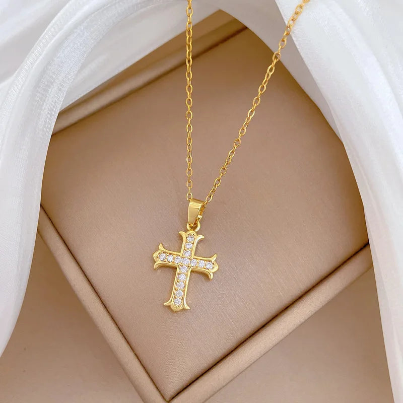 Women's Gold Cross Pendant Necklace – Stainless Steel Choker Pendant Necklace Nixie