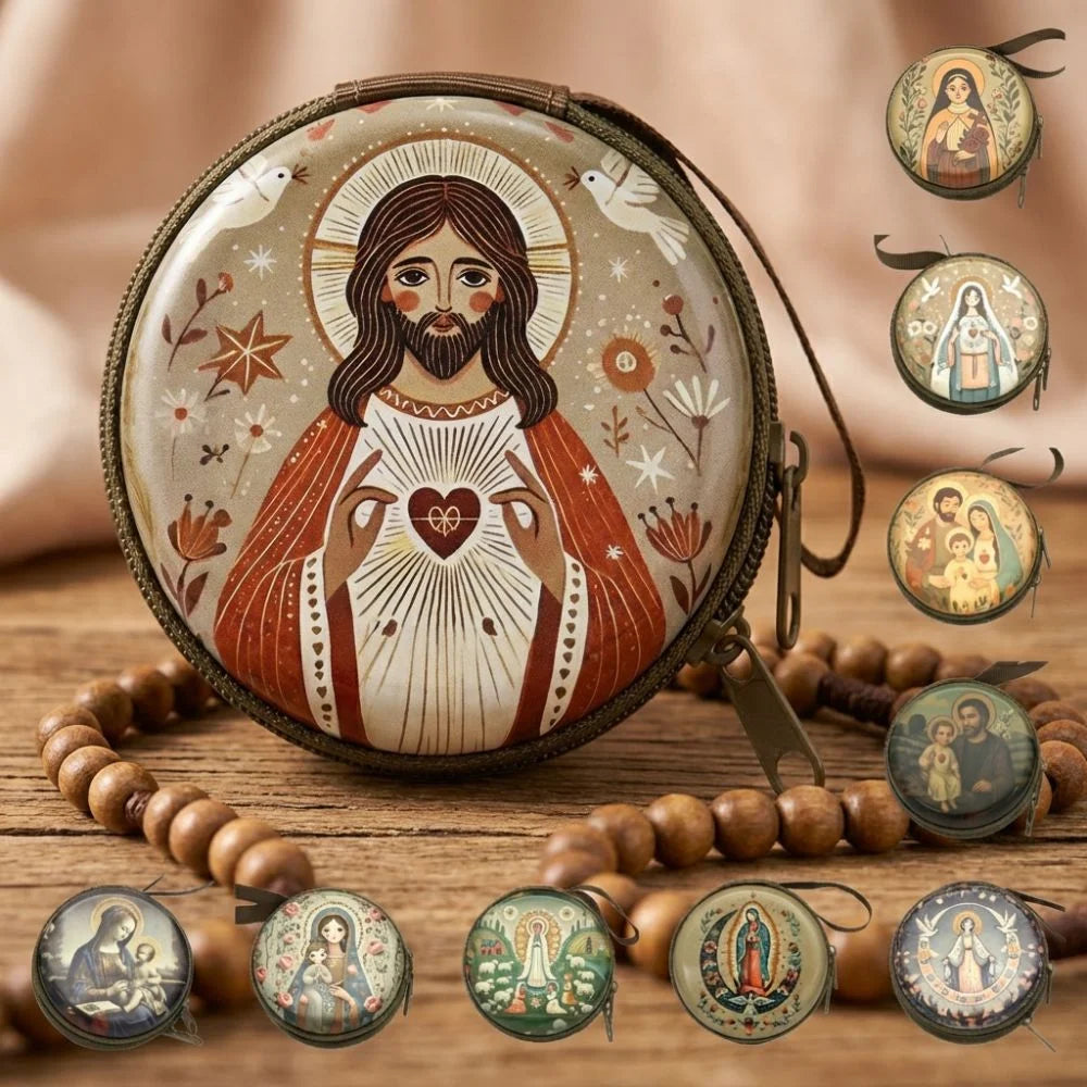 Virgin Mary Round Metal Rosary Storage Bag – Religious Keepsake Religious Storage Tin Nixie