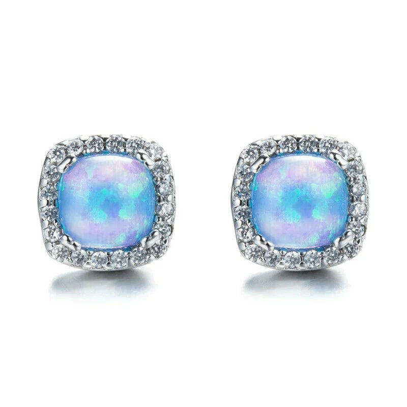 Square Blue Simulated Opal Dangle Earrings | Trendy Women