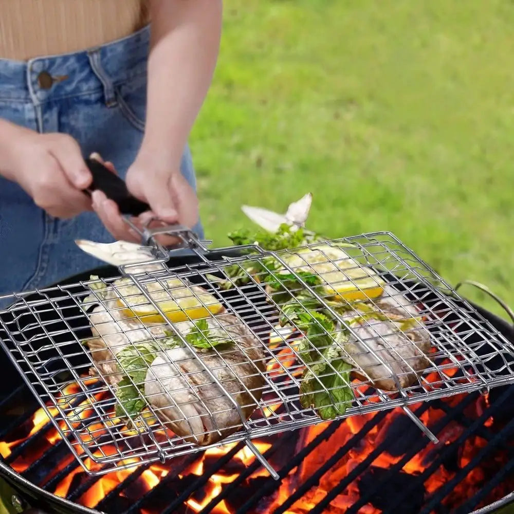 Folding Stainless Steel Fish Grill Basket with Removable Handle BBQ Grilling Basket Nixie