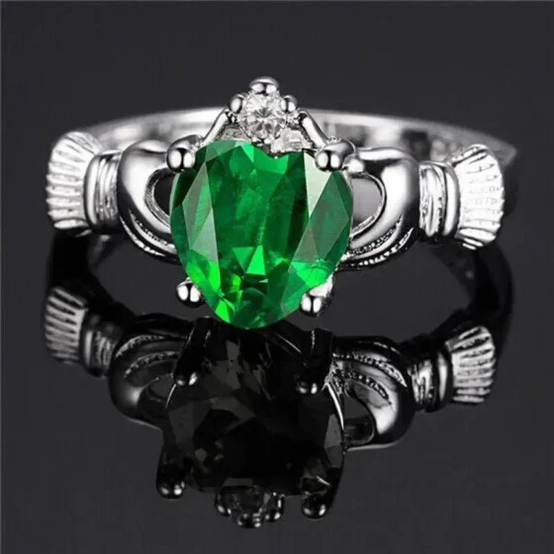 Women's Silver Green Zircon Crown Claddagh Ring | Sizes 6–10